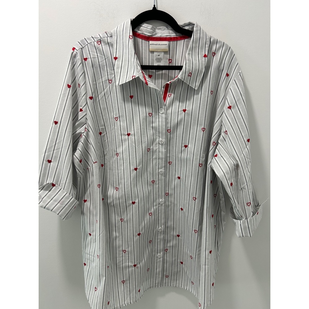 Alfred Dunner Womens 2X Striped Heart Embroidered Button Down Shirt 3/4 Sleeve